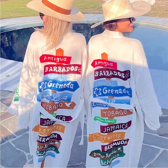 Colorful Caribbean Signpost Kimono Robe Cotton Natural Sash Belt Loops Handmade - Picture 14 of 14